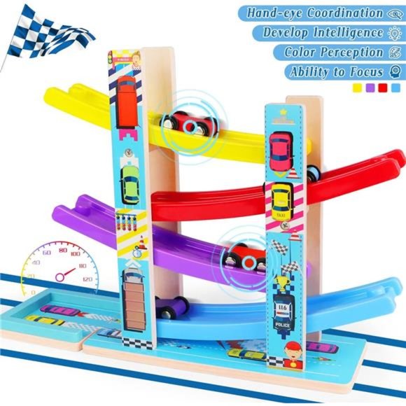 Montessori Toys for Toddlers,Children Race Track Toy with 4 Cars & 1 Parking Lot - Picture 2 of 5